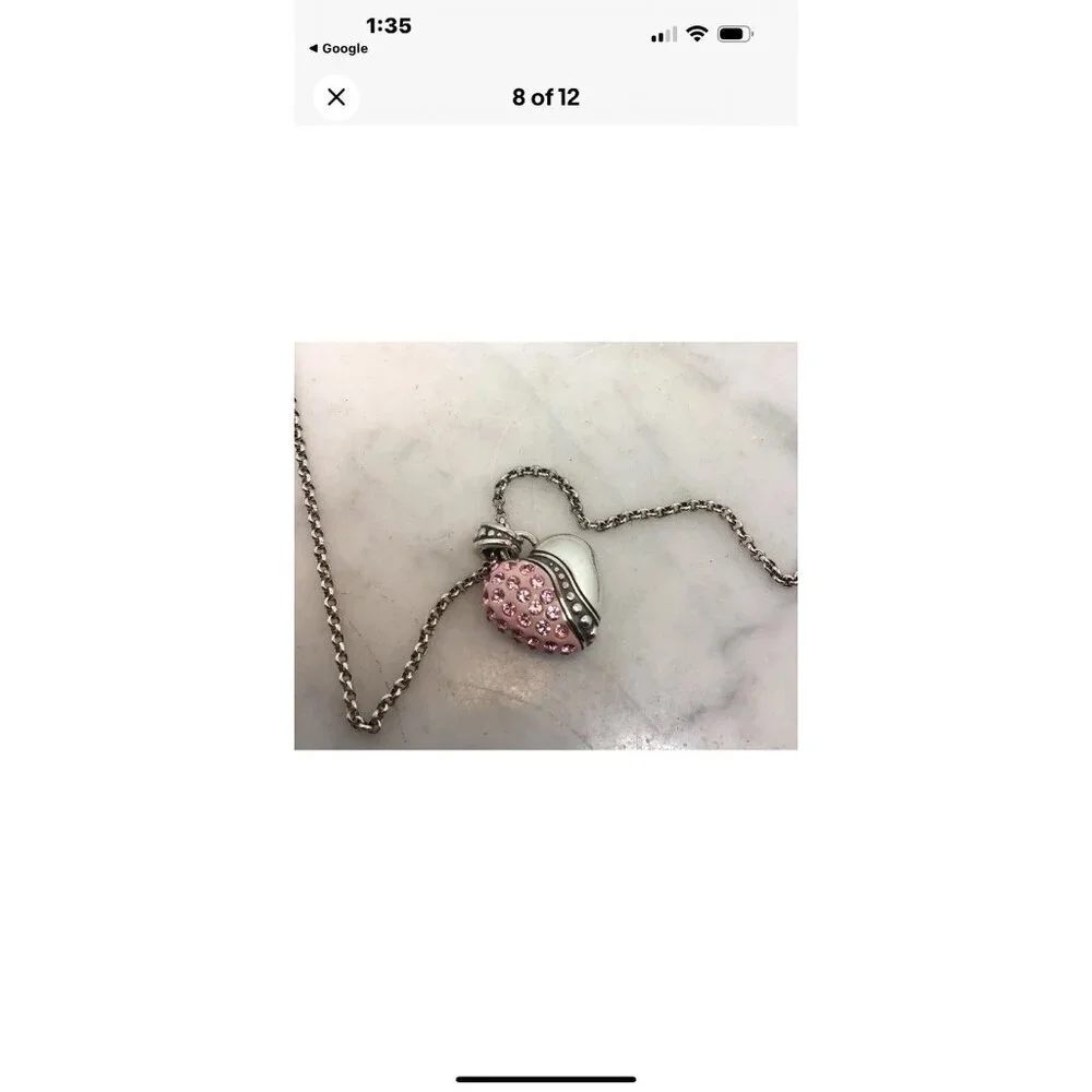 Brighton Silver Tone Pink Enamel & Crystal Puffy Heart Necklace